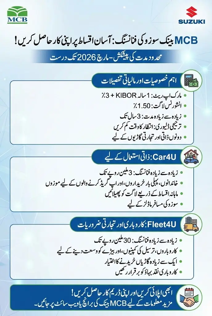 MCB Bank Suzuki Financing Get Car on Easy Installment Limited-Time Offer